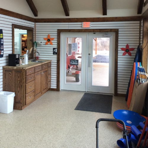 Interior with wooden beams and a striped wall featuring colorful flower decorations. A door with a 